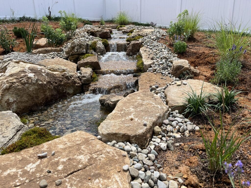 Large pondless waterfall with meandering stream